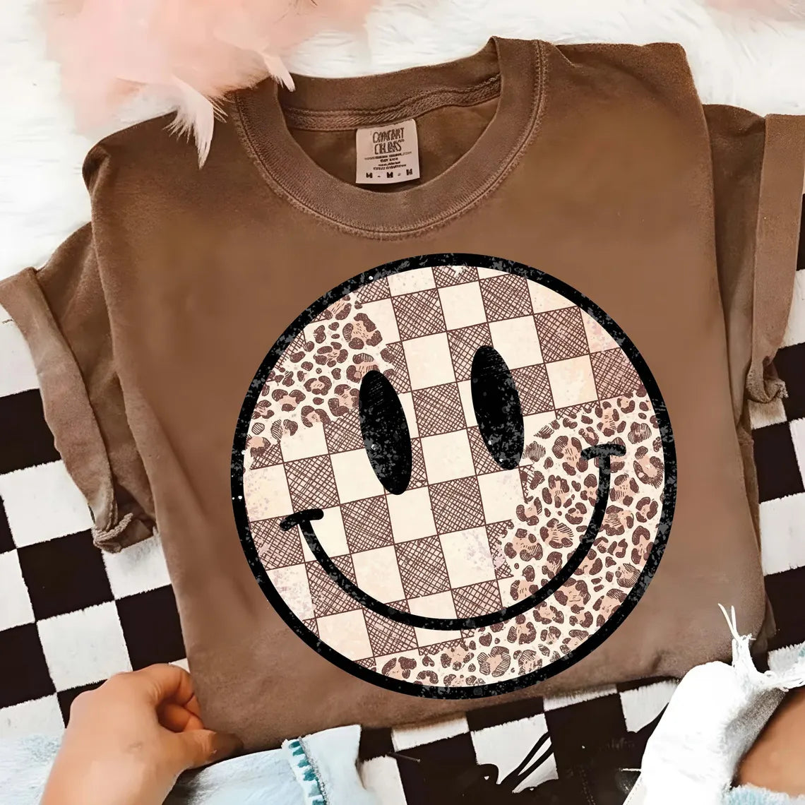 Checkered & Leopard Smiley Tee